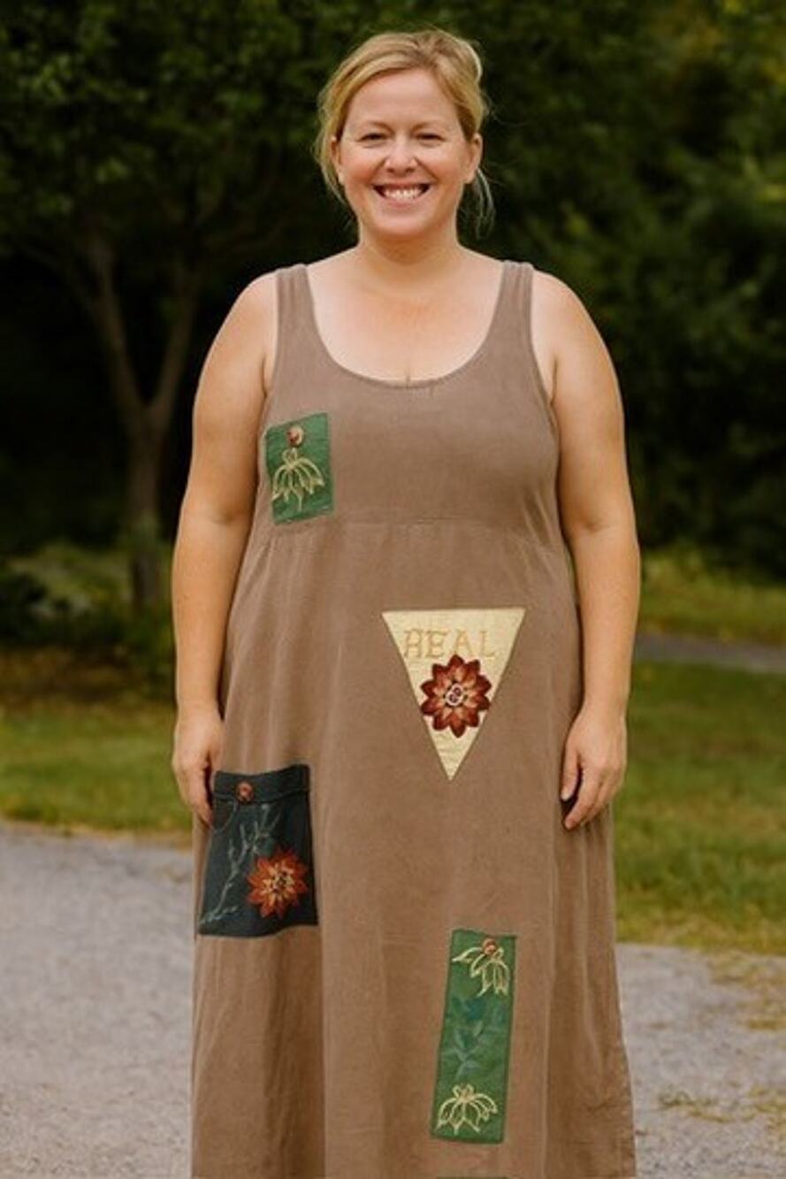 Vintage Art To Wear Isabel LA Maxi Dress Lagenlook Hand Painted Patch Sz-XL